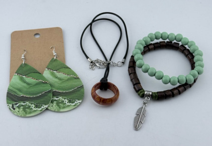 (1) Wood Ring Necklace, (1) Leather Teardrop Earrings & (2) Wood Bead Bracelets