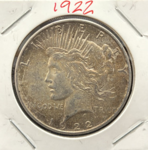 1922 U.S. Peace Dollar Coin, 90% Silver, No Mint Mark