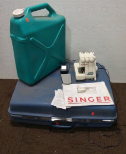 (1) Singer Tiny Serger Over Edging Machine, (1) (Blue) Samsonite Hard Case Suit Case, & (1) Reliance Water Jug