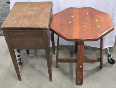 Vintage Wood Sewing Machine Table w/ Sewing Machine - 30"H x 16&frac12;"W x 30&frac12;"D & Wood Side Table - 26"H x 23&frac12;"W x 24"D