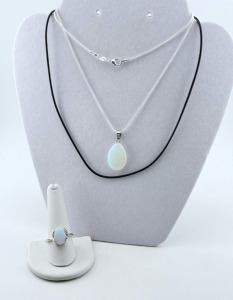 (1) Opal Necklace With Silver Chain & Leather & (1) Size 10 Opal Ring