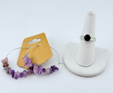(1) Natural Purple Amethyst Ring & Hoop Earrings