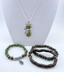 (3) Wood Bead Bracelets & (1) Natural Stone Cat .925 Necklace