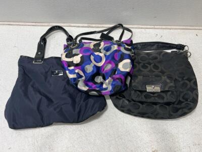 (1) purple Coach bag (1) Black Coach bag (1) Blue Calvin Klein Purses