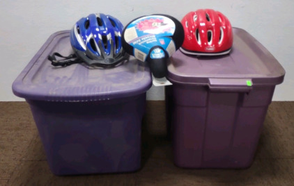 (2) (Purple) Storage Totes, Some Assorted Duplos Blocks, (2) Assorted Bike Helmets, & More