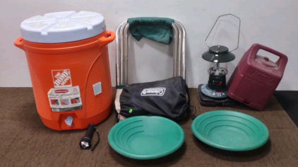 (1) 10gl. (Orange) Rubbermaid Water Jug, (1) (Red) Coleman Propane Lantern Case, & Much More!