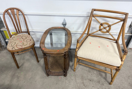 (2) Decorative Chairs & (1) Wooden Side Table