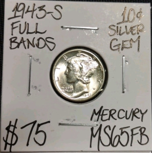 1943-S MS65FB Full Bands Silver Mercury Dime