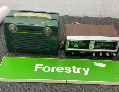 (2) Vintage Transistor Radios And Forestry Vintage Sign