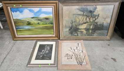 (4) Pieces of Art: 2 Hand-Painted Canvas Art in Wood Frames & 2 Smaller Pieces