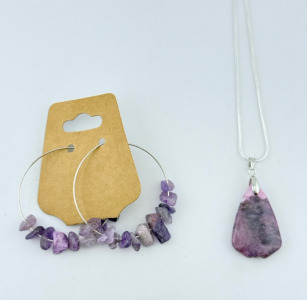 (1)26.75ct Purple Lepidolite Necklace & Natural Stone Hoop Earrings