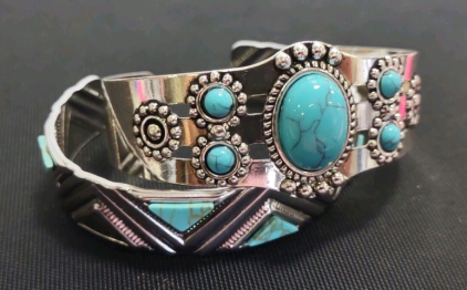 (2) Western Style Silver Toned Turquoise Bracelets