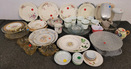 Dishes, Including Pyrex Cups, Floral Designs, And Glassware