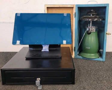 16"x16" Cashier Drawer With Keys, Talech POS Device, And Coleman Serenade Outdoor Propane Lamp Lantern