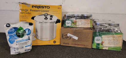 Pressure Canning Lot, Including Jars, 23-QT Presto Pressure Canner, And Seventh Generation Dishwasher Pods