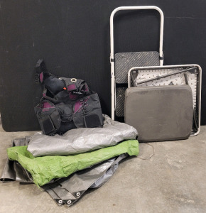 (3) Tarps Of Various Sizes, Small Folding Tables, Seaquest Female Aqua Lung, 2 Step Folding Step Stool
