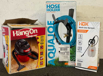Aqua Joe Steel Garden Hose Holder with Faucet, Shop Vac Hang On Wet/Dry Vacuum & 1 Gal Multi-Use Sprayer