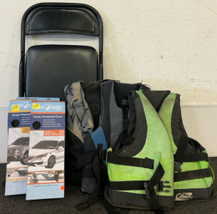 (3) Lifejackets, (2) Winter Windshield Covers & Cushioned Folding Chair