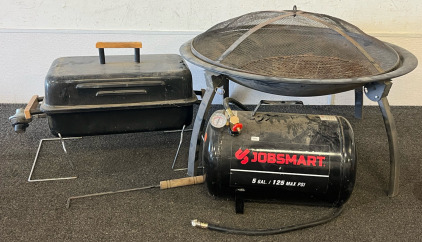 Portable Fire Pit, Portable Barbeque Grill & JobSmart 5-gallon Portable Air Tank