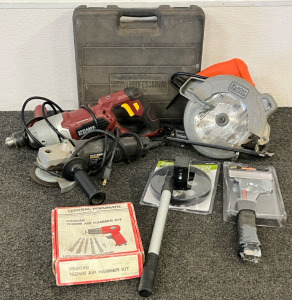 Black & Decker 1250W 190mm Circular Saw, Chicago Electric Heavy Duty D Handle Drill, Craftsman 4-1/2&rdquo; Angle Grinder, Campbell Hausfeld Professional Model NB0030 Finishing/Brad Nailer, Central Pneumatic 150mm Air Hammer Kit, 1000Ft Measuring Wheel & Hammer