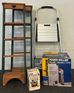 Wagner Power Roller Plus Painting Tool, Cosco Step Ladder, Coleman Peak 1 Lightweight Backpack Stove & (2) Wooden Hanging Shelves