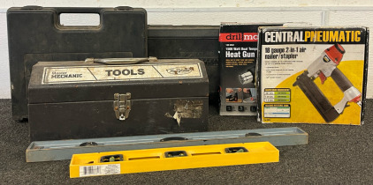 Craftsman Reciprocating Saw, Craftsman 3/8&rdquo; Drill W Battery & Battery Charger, Central Pneumatic 18 Gauge Nailer/Stapler, Drillmaster Heat Gun, Toolbox W/ Miscellaneous Tools & Saw Chains