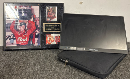InnoView Portable Monitor - 16&rdquo; Display, USB-C For Power With Black Canvas Carrying Case, Dale Earnhardt Jr Plaque With Picture And Racing Cards.