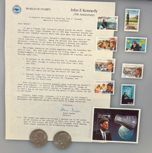 John F Kennedy World Of Stamps Collection With Letter Explaining Stamps.