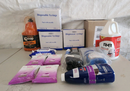 1 Gal. Of Orange Goop Waterless Hand Cleaner, 1 Gal Of RMR Solutions Ready To Use Degreaser, Hand Sanitizing Wipes, Hydrogen Peroxide, 300 Ct Disposable Syringes, And More!