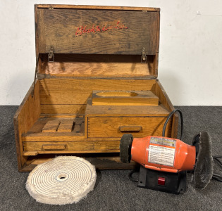 Vintage Black & Decker Tool Box Full of Valve Seat Grinding Stones, Central Machinery 5" Bench Grinder, Cloth Buffing or Polishing Wheel 8&rdquo;.