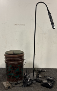 Hitachi Cordless Drill w/Charging Station and (2) Batteries, Motorola Talkabout MU350R two-way Radios with their Charging Base, Black Miroco Light 45&rdquo;, Universal Power Inverter- DC to AC, Dura-Pac 5 Gallon Camouflage Bucket with Camo Padded Swivel Seat Li