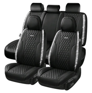 Beiqitong Bling Leather Car Seat Covers & Black Nappa Leather Calfskin Seat Cushioned Protector, Waterproof Anti-Slip Universal Fit SUV Truck Sedan, Glitter Sparkly Shining Rhinestone, Silver Diamond, (2) Car Floor Mats In Pink/ Cow And Black/Pink