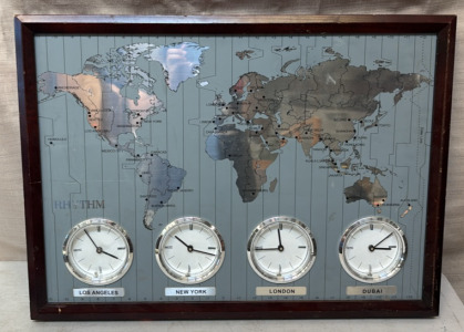 Framed World Map W/ Clocks - 24&rdquo; W x 17.5&rdquo; H