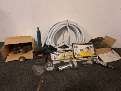 Central Pneumatic 4" High Speed Air Cutter, Pistol Grip Air Sheers, Drill Master Hand Sander, Flash Light, Garden Hose & More