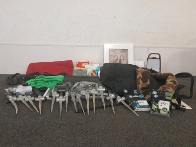 Large Duffle Bag, CD/DVDs, Tool Bag, Battery Powered Lamp, Printer Ink, Sprinklers, Jaz Wireless Ear Buds & More