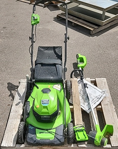 Greenhouse 40Volt Electric Lawnmower And Weed Eater With Charger. Needs Additional Battery.