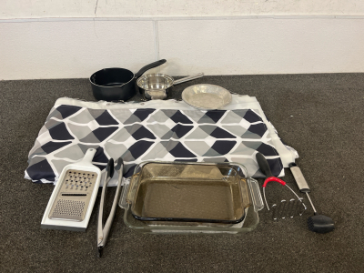 Shower Curtain, (2) Pots, Cheese Grater, Tongs, (2) Pie Plates And More!!!