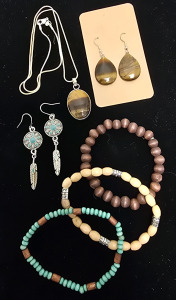 Tiger's Eye Necklace And Earrings, (3) Beaded Bracelets, Dangle Native American Style Earrings