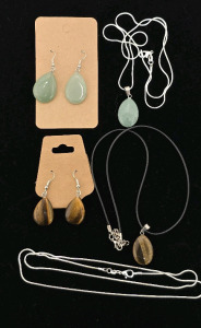 Tiger's Eye Teardrop Necklace And Earring Set, Natural Stone Teardrop Earrings And Necklace, Extra Chain Necklace