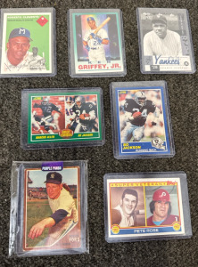 Variety Memorabilia Sports Cards - Whitey Ford, Pete Rose, Bo Jackson, Ken Griffey Jr, Roberto Clemente.