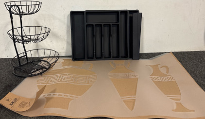Amazon Deals - 3-Tiered Fruit Bowls, Black Drawer Organizer, Nakleo Wall Stencil- Egyptian Style.