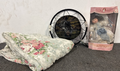 Dreamcatcher With Wolf, Victorian Porcelain Doll Collectible Memories - Angelina In White Dress, Twin Flowered Comforter.