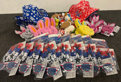 Patriotic Beaded Necklaces, Hats, And Sunglasses, Backpack Plushies, And Bunny Coin Purses.