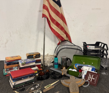 American Flag, Various Books Like "The Aeronauts Windlass" By Jim Butcher And "On A Pale Horse" By Piers Anthony, Sunglasses, Green Cashbox, 5 Tray Vertical Letter Tray, Letter Openers, And More!