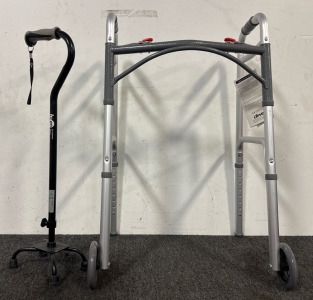 Drive Medical Deluxe Two-Button Folding Walker With 5&rdquo; Wheels - Brand New, Hugo 731-850 Adjustable Quad Walking Cane - Black.