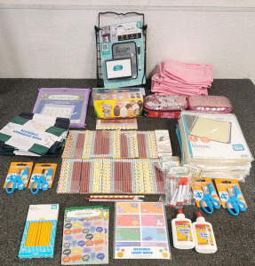 Locker Kit, (37) Pencils, (32) Reusable Sandwich Bags, Pink Pencil Bags, Sticker Books, (4) Fiskars 5" Kids Scissors, Dry Erase Pockets, And More.