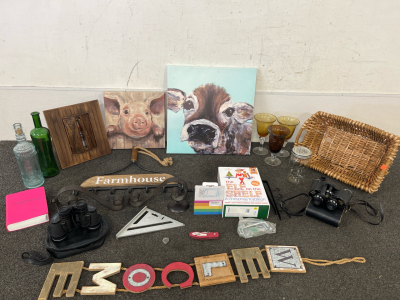 Cow And Pig Pictures, Barn Doors Picture Frame, Teal Digital Camera, (2) Pairs Of Binoculars, (2) Glass Jars, And Much More for Your Home!!!