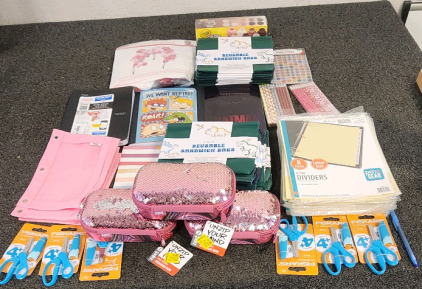 (62) Reusable Sandwich Bags, (3) Pink Sequin Storage Boxes, (6) Fiskars 5" Kids Scissors, (33) Packs Of 8- Tab Dividers, Crayola Paints, Notebooks, And More!
