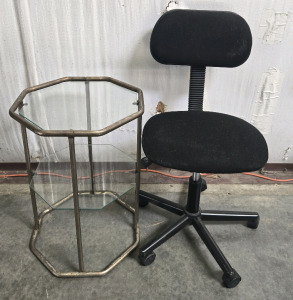 Vintage Chrome & Glass Octagonal Tiered Shelf Side Table & Office Chair