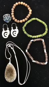 Size 7 Abalone Ring, (3) Beaded Bracelets, Natural Stone Teardrop Necklace, Earring Set